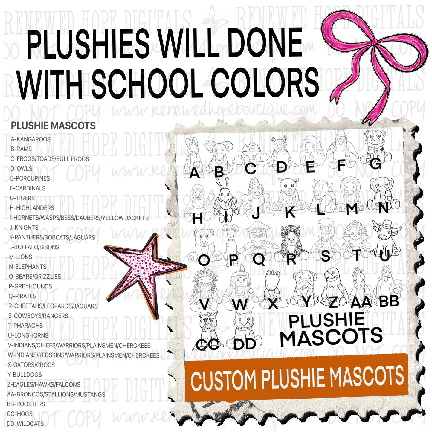 SCHOOL/MASCOT PLUSHIE STAMP CUSTOM